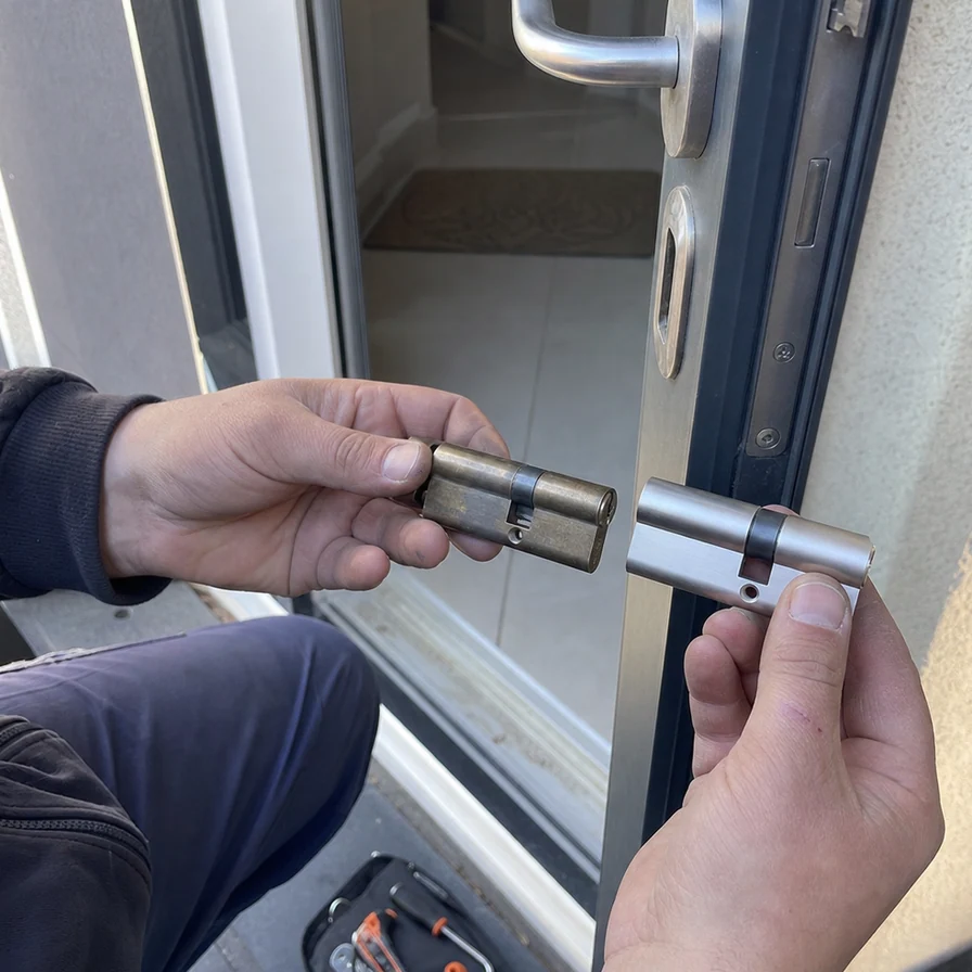 mains remplaçant un cylindre de porte en lumière douce